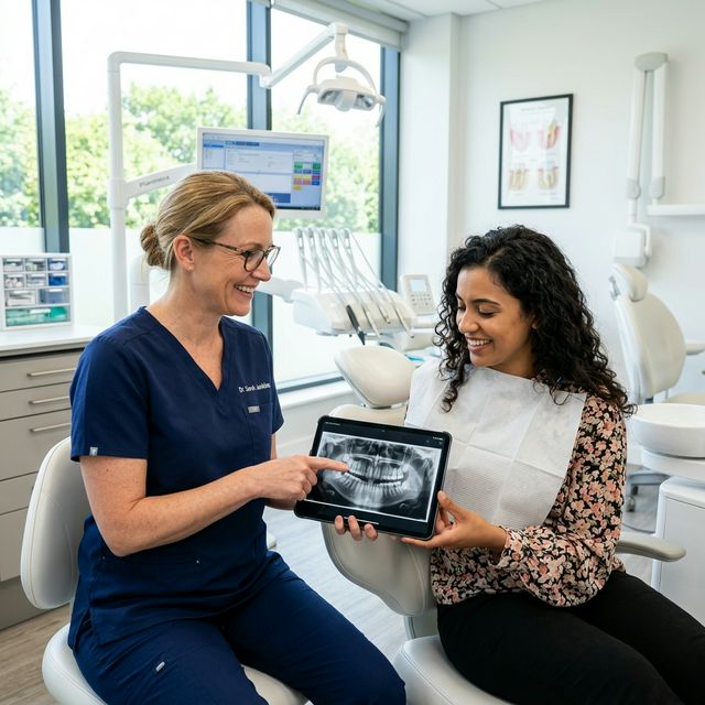 Zahnarzt spricht mit Patientin anhand eines Röntgenbildes